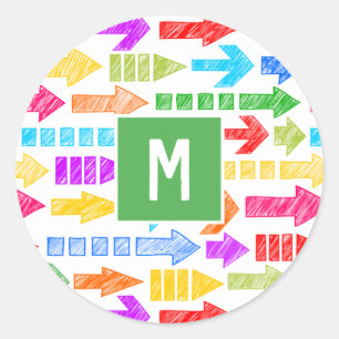 Kleurrijke moderne geometrische pijlpatroonmonogra ronde sticker