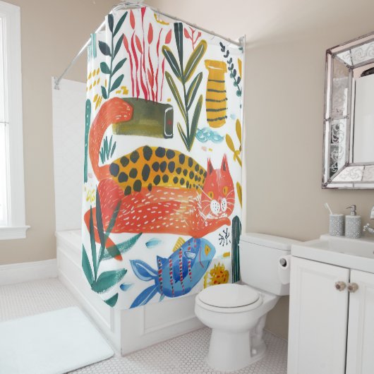 Kleurrijke Moderne Kat Kunst Douchegordijn (In situ)