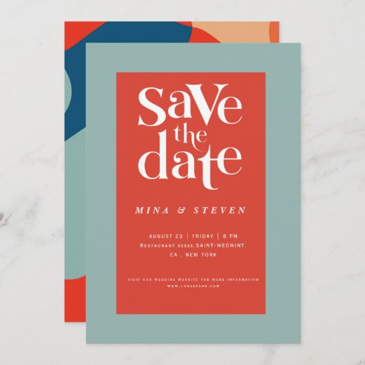 Kleurrijke moderne retro groovy bruiloft save the date (Voorkant / Achterkant)