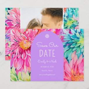 Kleurrijke moderne tropische bloemen bruiloft foto save the date