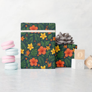 Kleurrijke moderne tropische bloemen op Navy Blue Cadeaupapier