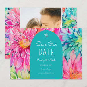 Kleurrijke moderne tropische bloemige trouwfoto save the date