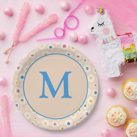 Kleurrijke Monogram Glimlachende Daisy gepersonali Papieren Bordje (Feest)