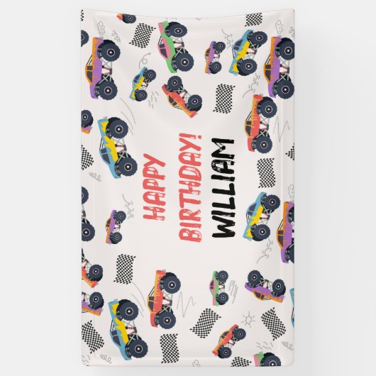 Kleurrijke Monster Trucks Racing Kids Verjaardagsf Spandoek (Verticaal)