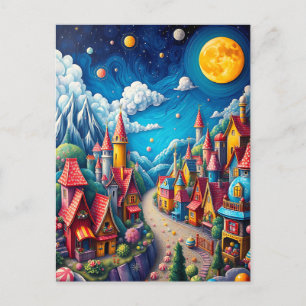 Kleurrijke Moonlit Snoep Land & Magical Village Briefkaart