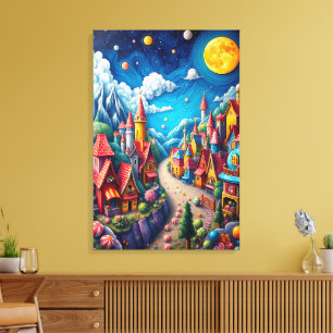 Kleurrijke Moonlit Snoep Land & Magical Village Canvas Afdruk