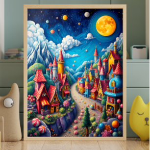 Kleurrijke Moonlit Snoep Land & Magical Village Poster
