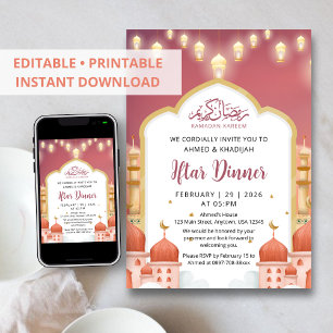 Kleurrijke moskee-illustratie Ramadan Iftar-diner Kaart