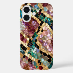 Kleurrijke mozaïek marmeren telefoonhoes goud luxe iPhone 16 hoesje