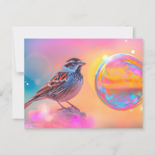 Kleurrijke mus en regenboog bubbel briefkaart