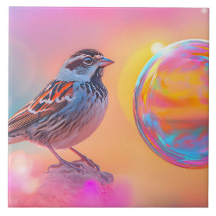 Kleurrijke mus en regenboog bubbel tegeltje