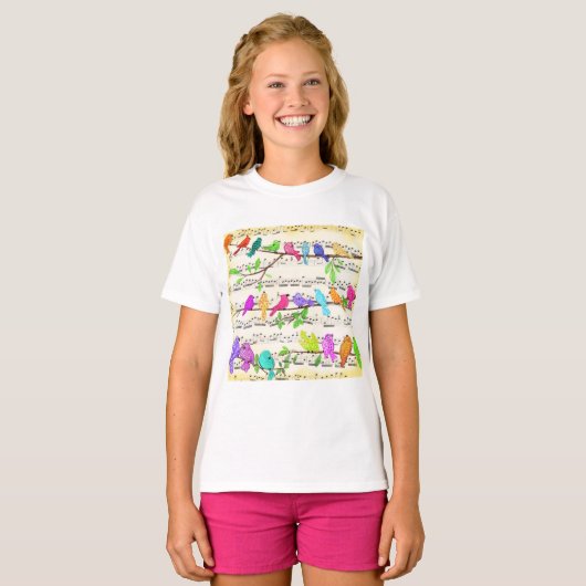 Kleurrijke Musical Birds Symphony - Happy Fun Melo T-shirt (Voorkant volledig)