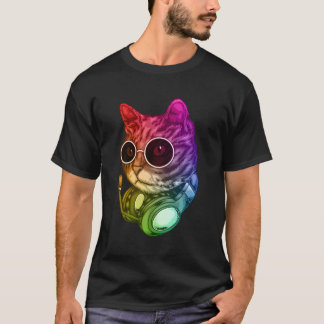 Kleurrijke Muziek Kat Hoofdtelefoon Raver Dier T-shirt