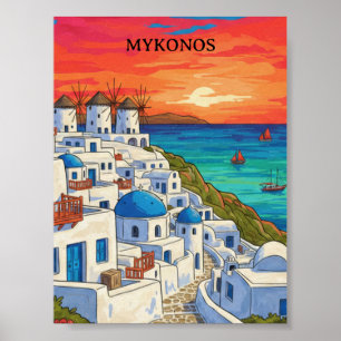 Kleurrijke Mykonos Griekenland Windmolens Vintage Poster