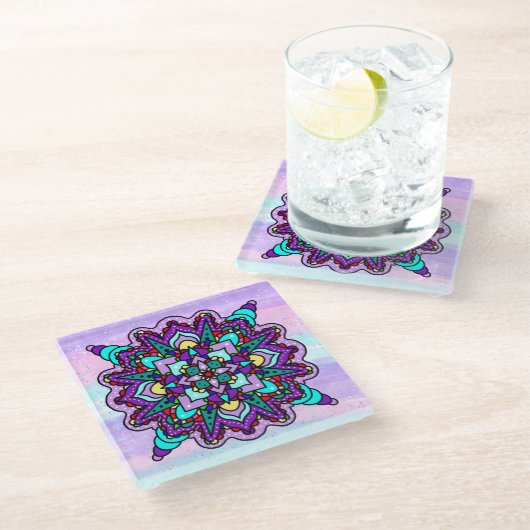 Kleurrijke Mystieke Mandala in Paarse en Blauwe Glazen Onderzetter (Schuin)