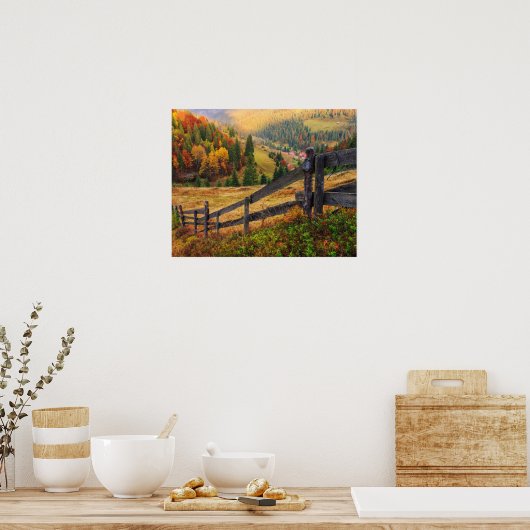 kleurrijke najaarscène met omheining in transsylva poster (Keuken)
