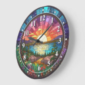 Kleurrijke Natuur Zonsondergang Faux Glas in lood Grote Klok (Hoek)