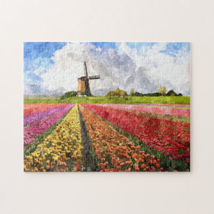 Kleurrijke Nederlandse Tulpen Bloemvelden Aquarel Legpuzzel