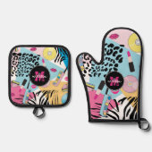 Kleurrijke negentiger jaren negentig Patroon Monog Ovenwant & Pannenlap Set (Voorkant)