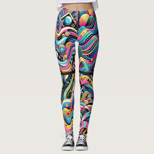 Kleurrijke Neon Bright Abstract 90's Pattern Print Leggings (Voorkant)