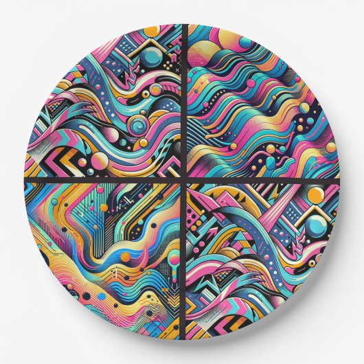 Kleurrijke Neon Bright Abstract 90's Pattern Print Papieren Bordje (Voorkant)