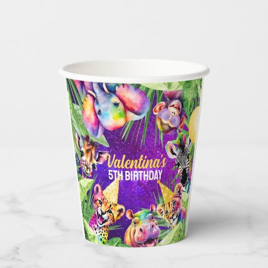 Kleurrijke Neon Glow Safari Oerwoud Party Dieren Papieren Bekers (Achterkant)