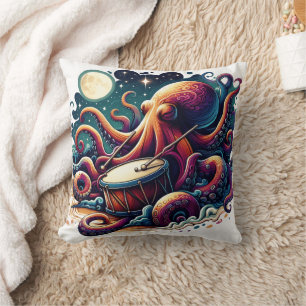 Kleurrijke octopus die drum speelt onder maanlicht kussen