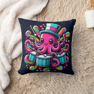 Kleurrijke octopus die drums speelt in een feestel kussen