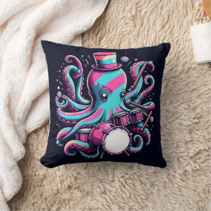 Kleurrijke octopus die drums speelt met hoge hoed kussen