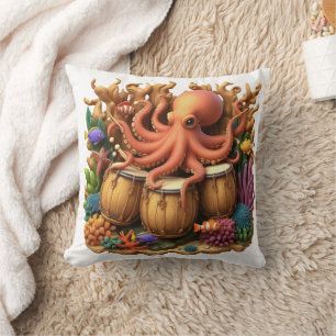Kleurrijke octopus die drums speelt tussen koraalr kussen