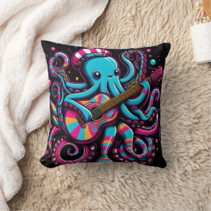 Kleurrijke octopus die gitaar speelt in levendige kussen