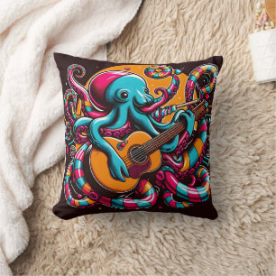 Kleurrijke Octopus die gitaar speelt in levendige Kussen