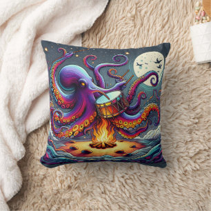 Kleurrijke Octopus Drummen door Moonlit Campfire Kussen