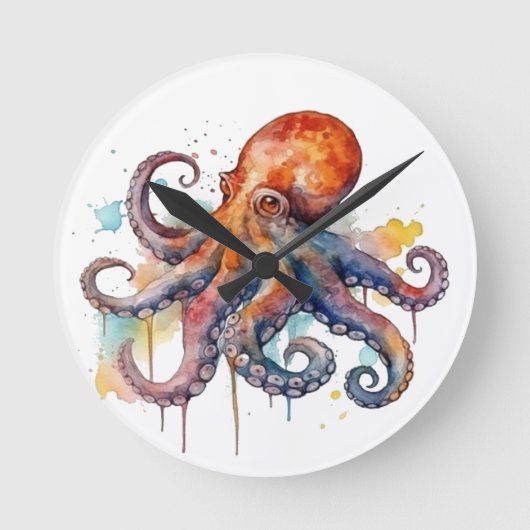 Kleurrijke octopus in waterverf grote ogen ronde klok (Voorkant)
