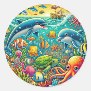 Kleurrijke onderwater mariene scène 🐚 Levendige o Ronde Sticker