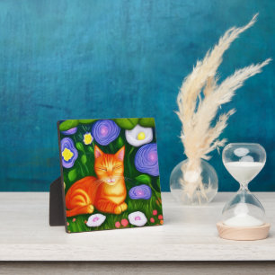 Kleurrijke oranje kat in bloementuin fotoplaat
