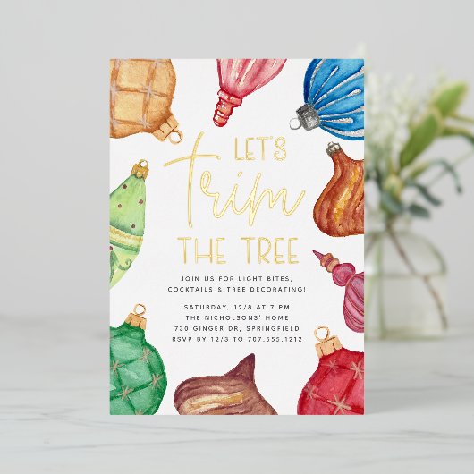 Kleurrijke Ornamenten kerstboomtrimpartij Folie Uitnodiging (Staand Voorkant)