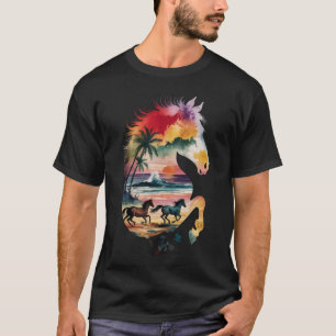 Kleurrijke Paard Hoofd Oceaan Zonsondergang en Pal T-shirt