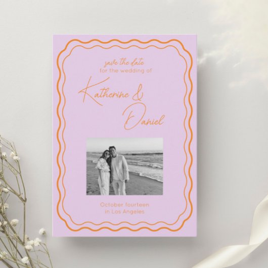 Kleurrijke Paarse en oranje Save The Date Huwelijk Kaart