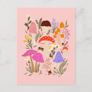 Kleurrijke paddenstoelen en natuurbloemen illustra briefkaart