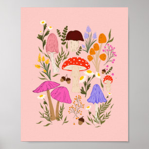 Kleurrijke paddenstoelen en natuurbloemen illustra poster
