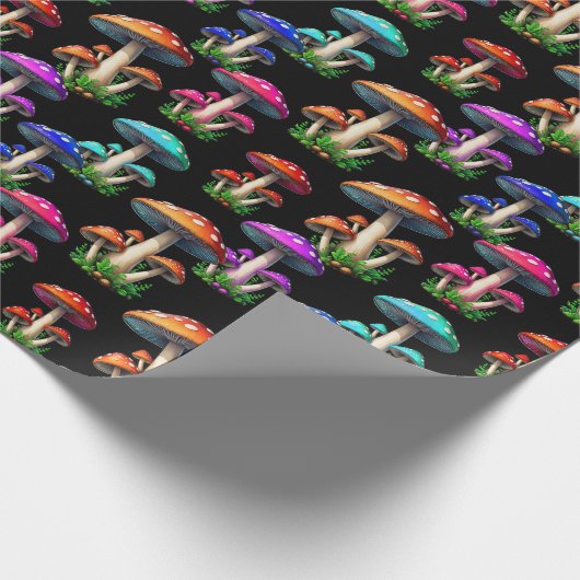 Kleurrijke paddenstoelen op zwarte achtergrond cadeaupapier (Hoek)