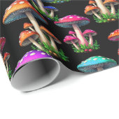 Kleurrijke paddenstoelen op zwarte achtergrond cadeaupapier (Rol Hoek)