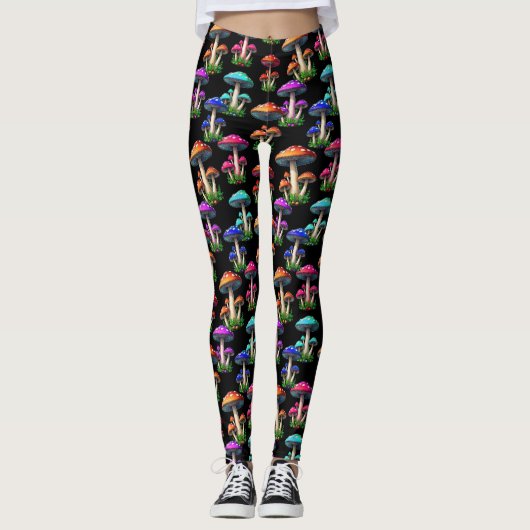 Kleurrijke paddenstoelen op zwarte achtergrond leggings (Voorkant)