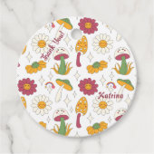 Kleurrijke Paddestoel, Regenboog en Daisies Patroo Bedankjes Labels (Voorkant)