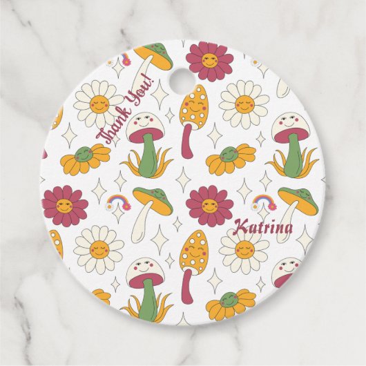 Kleurrijke Paddestoel, Regenboog en Daisies Patroo Bedankjes Labels (Voorkant)