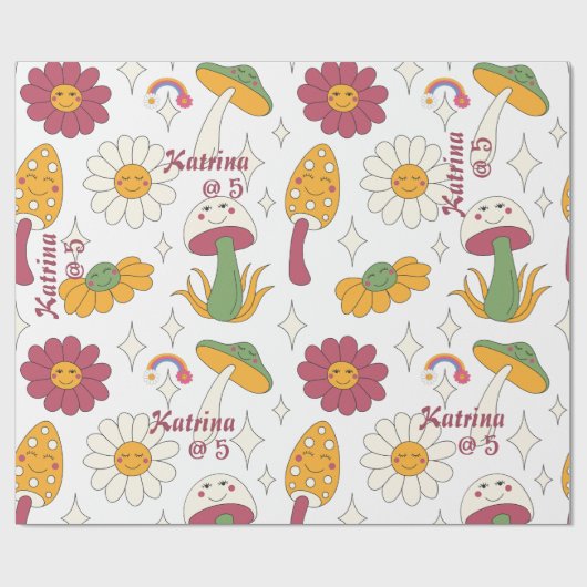 Kleurrijke Paddestoel, Regenboog en Daisies Patroo Cadeaupapier (Vlak)