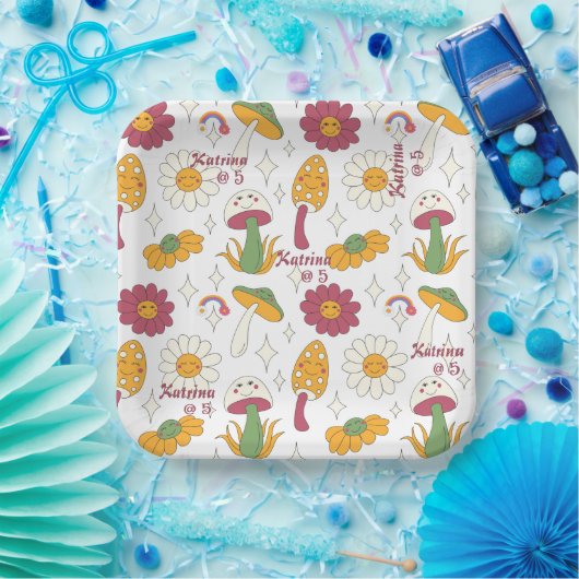 Kleurrijke Paddestoel, Regenboog en Daisies Patroo Papieren Bordje (Feest)