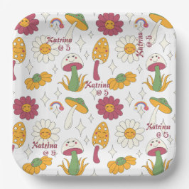 Kleurrijke Paddestoel, Regenboog en Daisies Patroo Papieren Bordje