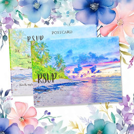 Kleurrijke Palm Beach Sunset Waterverf RSVP Uitnodiging Briefkaart